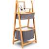 2 Tier Fold Out Floor Standing Bathroom Storage Tower Shelf Collapsible Hamper Shelves Bamboo Wooden Drawers Small Ladder Organizer Shelving Corner Stand Unit for Bedroom Laundry Room