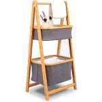 2 Tier Fold Out Floor Standing Bathroom Storage Tower Shelf Collapsible Hamper Shelves Bamboo Wooden Drawers Small Ladder Organizer Shelving Corner Stand Unit for Bedroom Laundry Room