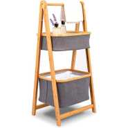 2 Tier Fold Out Floor Standing Bathroom Storage Tower Shelf Collapsible Hamper Shelves Bamboo Wooden Drawers Small Ladder Organizer Shelving Corner Stand Unit for Bedroom Laundry Room