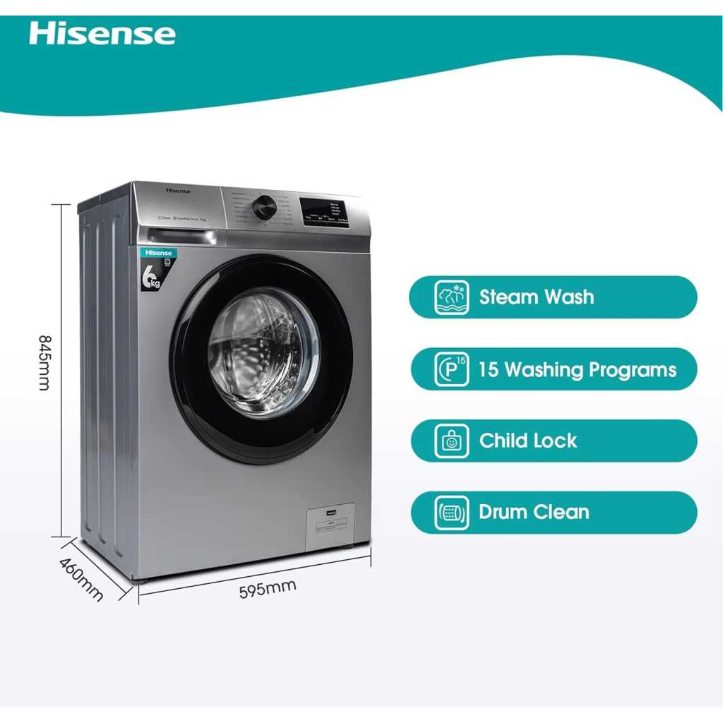 Hisense 6kg Front Loading Washing Machine 1000 RPM Free Standing Model WFVB6010MS - Grey