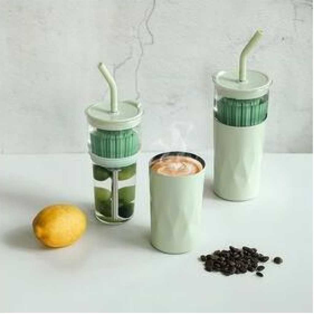 Multipurpose Cup With Glass Liner, Stainless Steel & Convenient Coffee Cup, Tea & Water Separating Straw Sleek Glass Cup