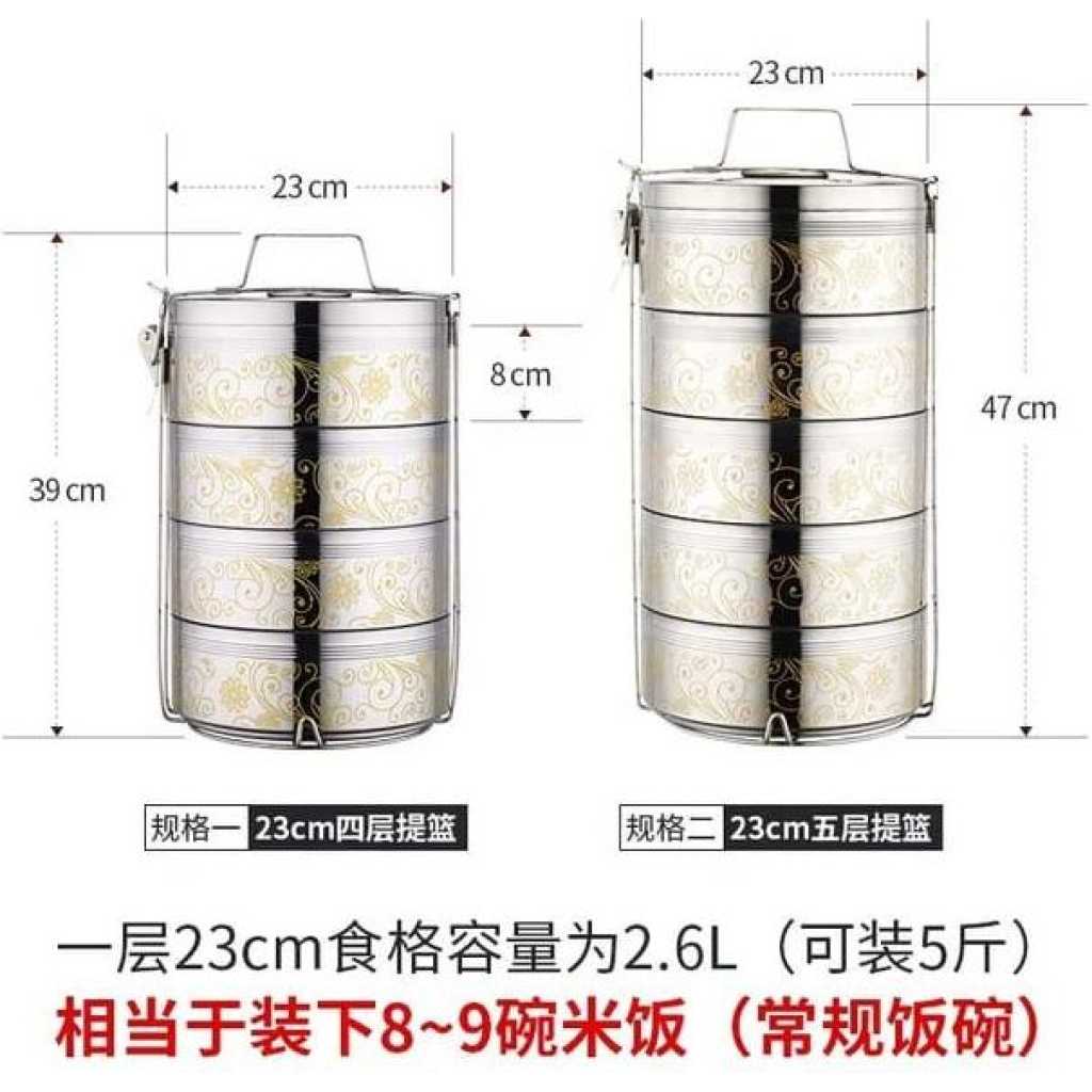 23CM Stainless Steel Air Tight 5 Layers Food Container Carrier Lunch Box Tiffin -Silve