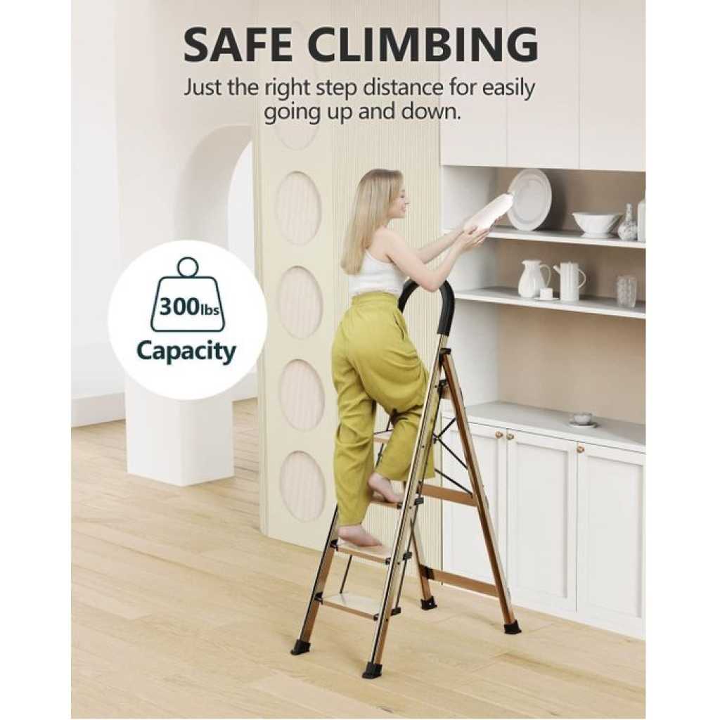 5 Step Ladder, Folding Step Stool with Anti-Slip Wide Sturdy Pedal with Convenient Handgrip, Portable Lightweight Aluminum Stepladder for Home, Office, Library Indoor 5ft Stepladders With Rubber-cotton Armrests