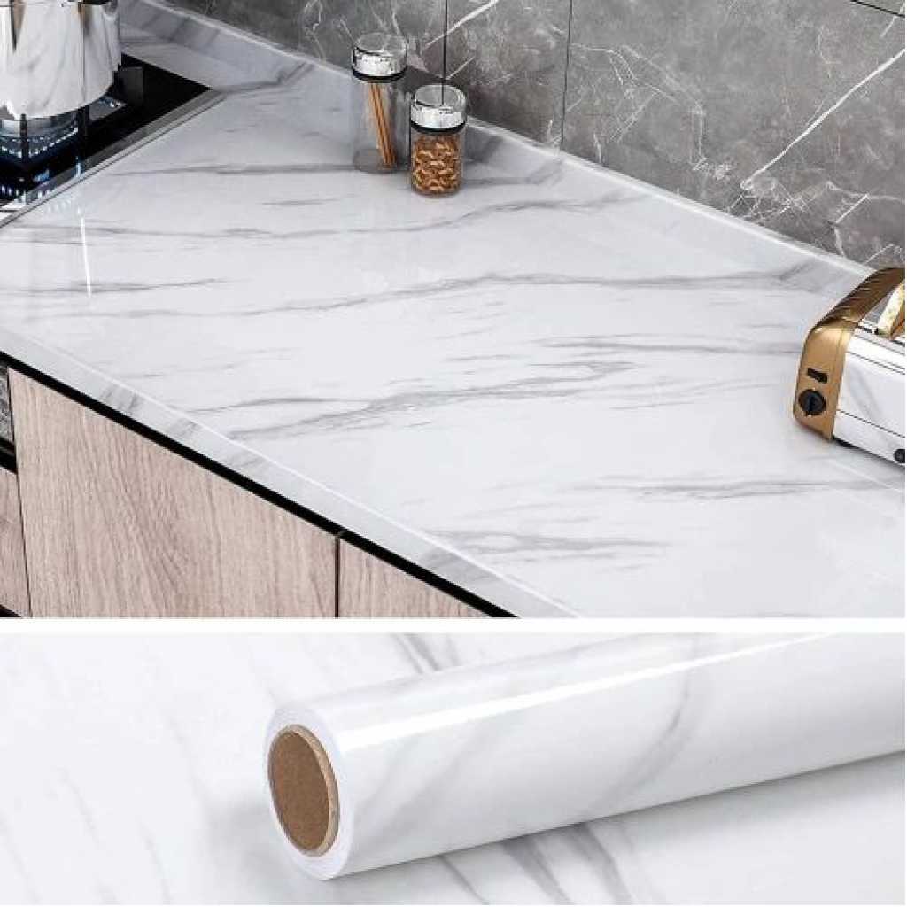 Self-Adhesive Wall Sticker Waterproof Anti Mode and Heat Resistant Drawer 60cm X 200CM Kitchen Oil Proof Foil Stickers Kitchen Backsplash Wallpaper - White Marble 03 (60cm X 200cm) -Multicolor