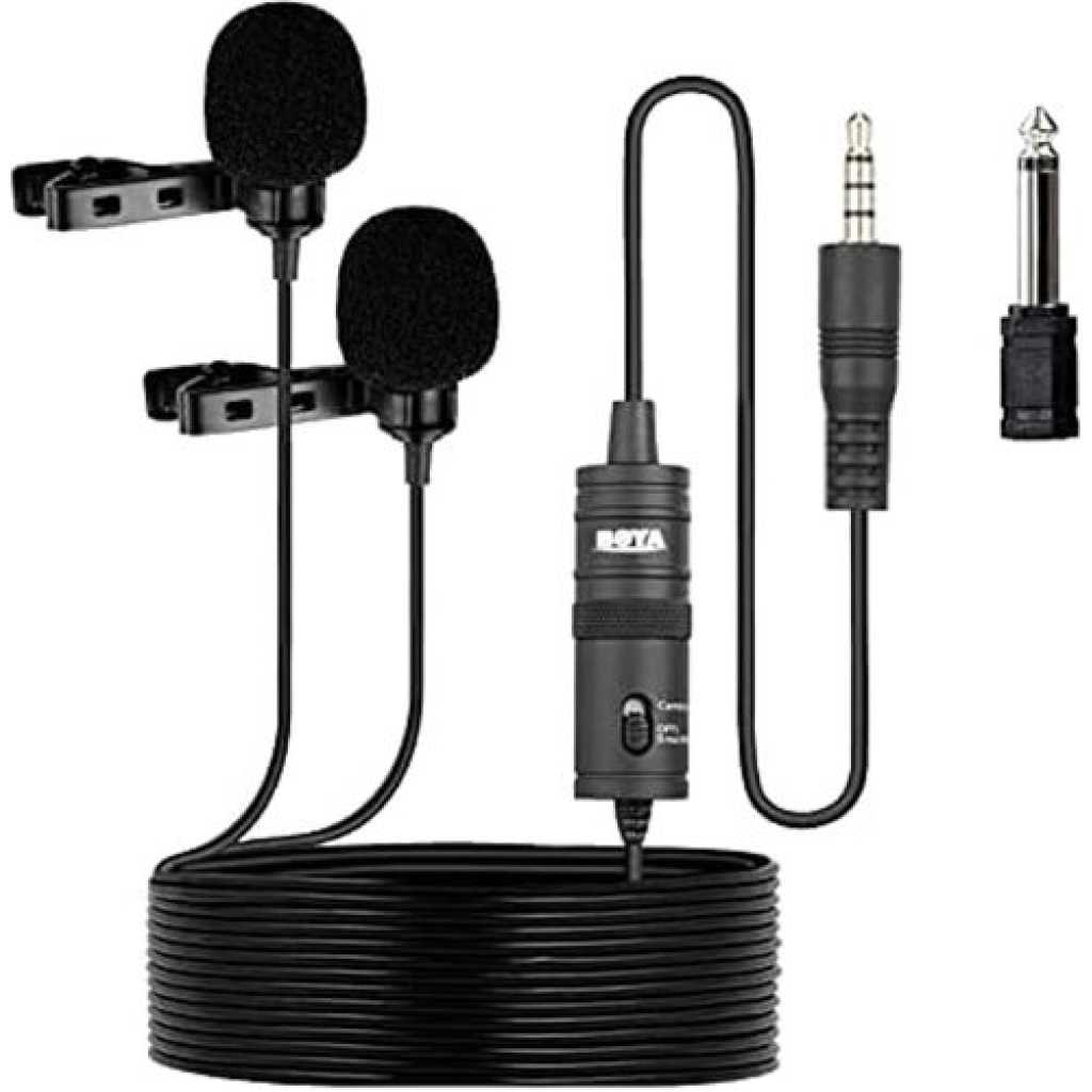 Boya BY-M1DM Plastic Microphone Dual Omni Directional Lavalier Mic With Two Small Clip And Two Foam Windscreen For Smart Phone - Black