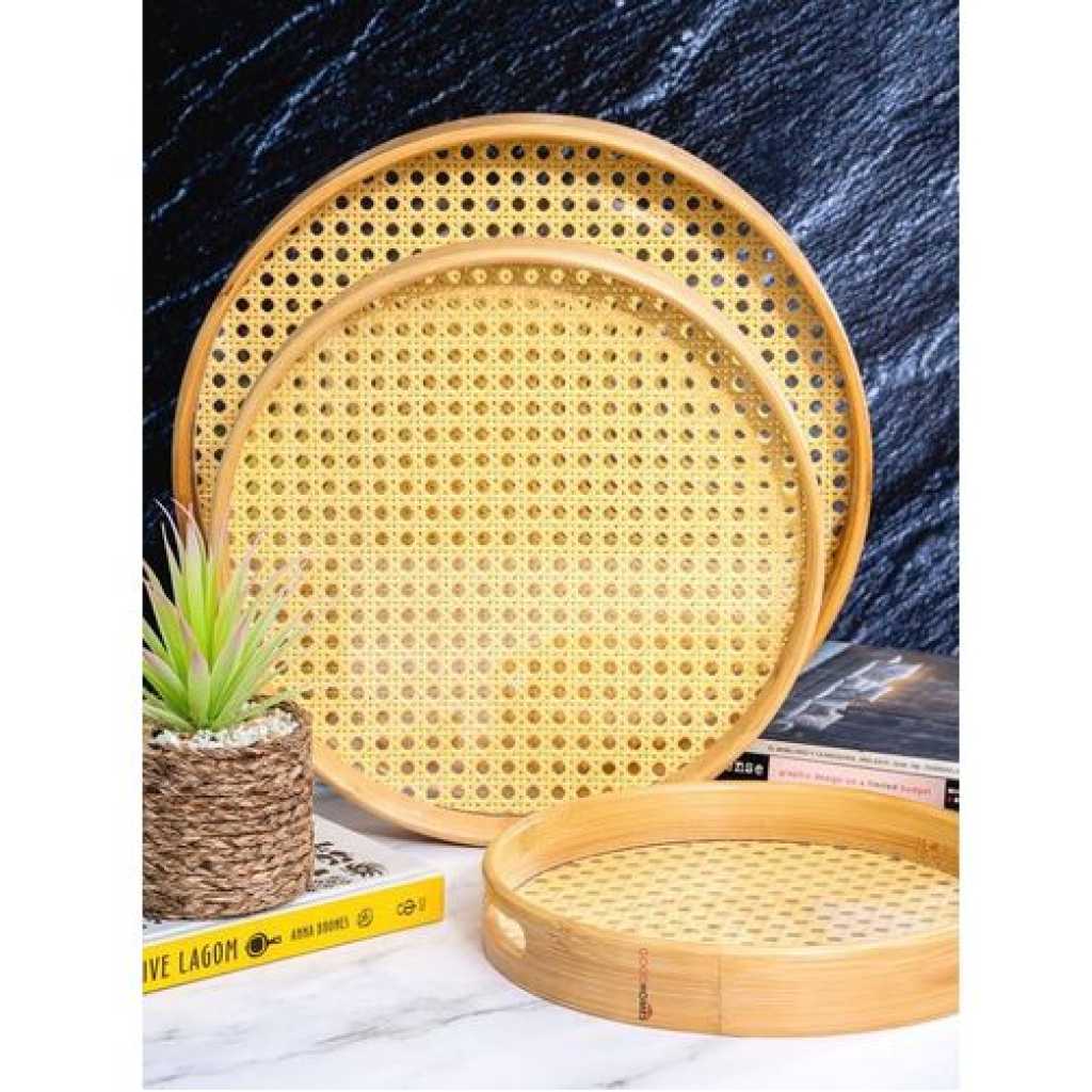 Bamboo Wooden Round Serving Tray Set of 3pcs- Cream