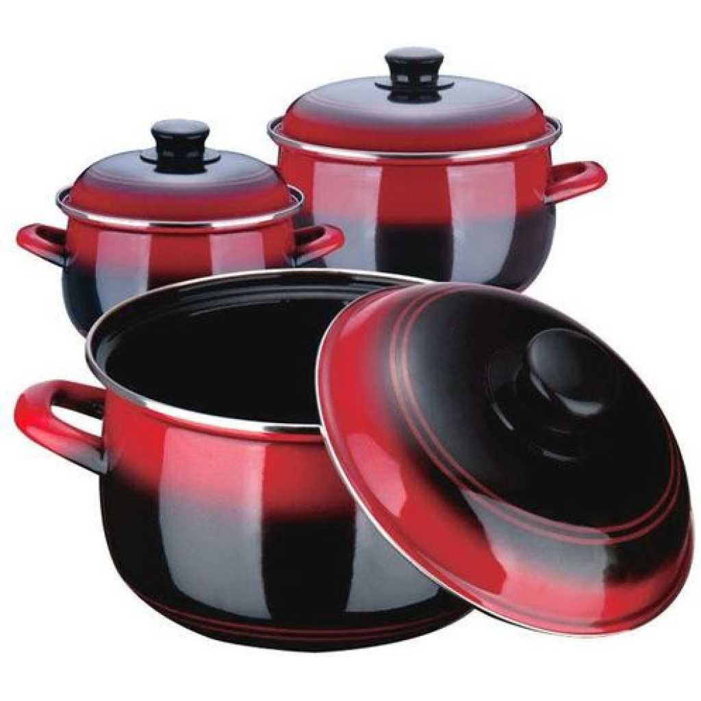 6 Piece Enamel Saucepans Cookware Set Suitable For Induction Coooker- Red/Black