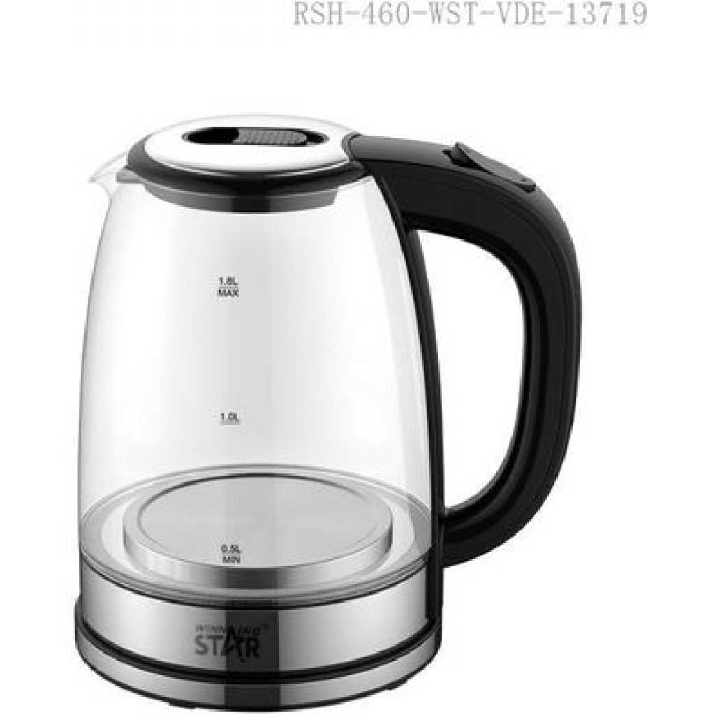 Winningstar 1.8L SS201 High Borosilicate Glass Electric Kettle with 0.4cm Heating Plate Boil/Dry Auto Power Off Protection 75cm Copper Charging Wire VDE Plug- Clear
