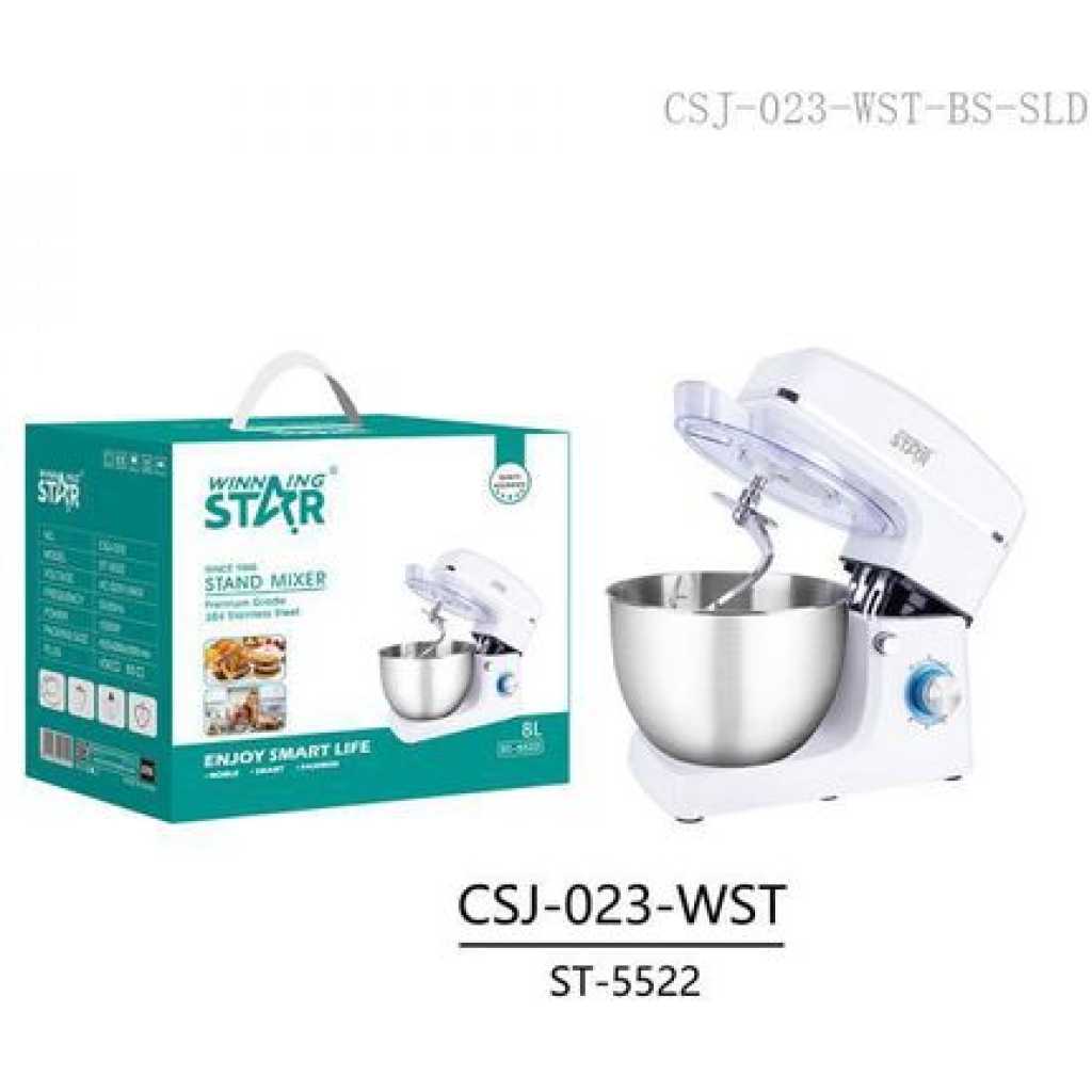 Winningstar 1500W 6 Speeds 8L Tilt-head Electric Stand Mixer Blender With Egg Beater Dough Hook Wire Whip- White