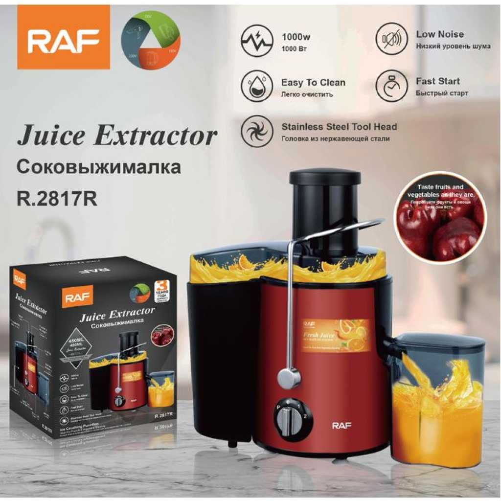 RAF Slow Masticating Juicer Blender Cold Press Juice Maker Vegetable and Fruit Juicer Extractor Higher Juicer Yield and Drier Pulp Making Juice, Jam and Sorbet BPA-Free -Red