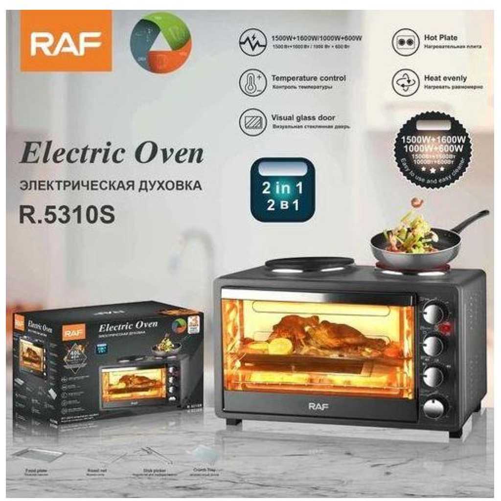 RAF 40 Litres Toaster Baking Electric Oven Grill With 2 Hot Plates With Heat Evenly Visual Glass Door Time Temperature Control Rotary Button- Black