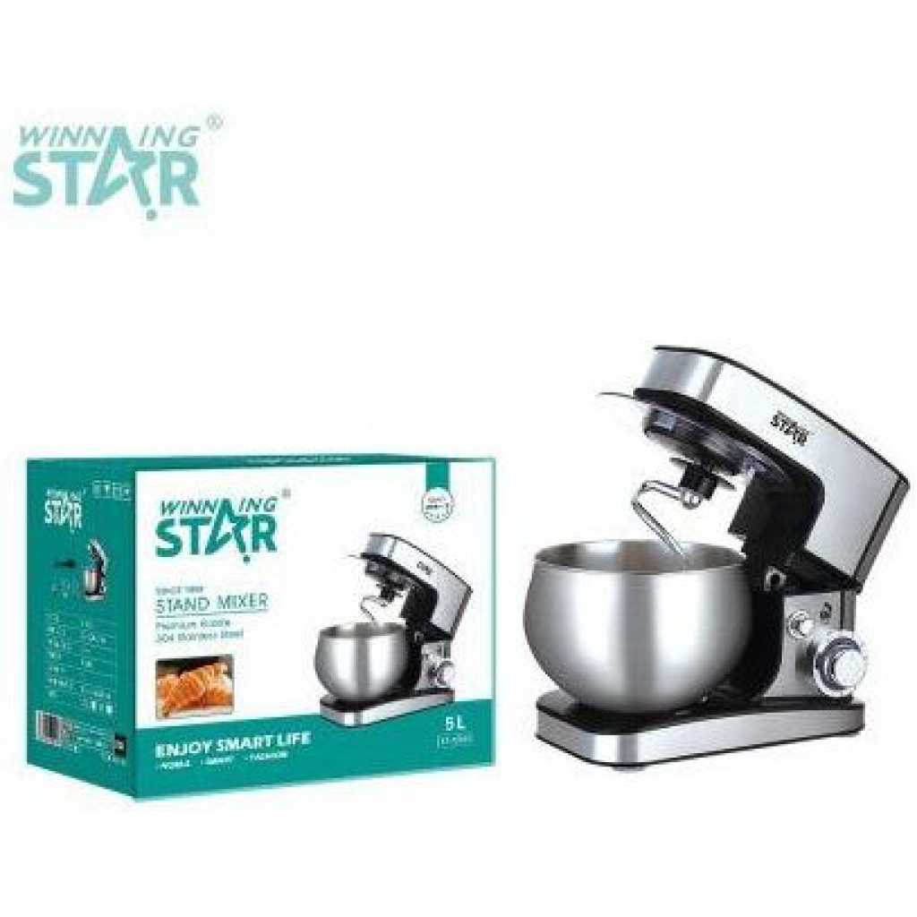 Winningstar Stand Mixer Cook Machine 5L with 304 Stainless Steel Bowl/Egg Beater Aluminium Dough Hook/Flat Agitator Spatula LED Indicator Light 4 Sucker Feet- Silver