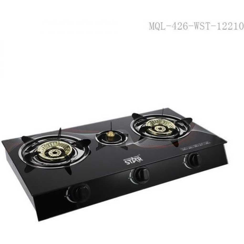 Winningstar Deluxe 3-Burner Glass Gas Stove with Electronic Ignition Split Furnace Frame VDE Plug- Black