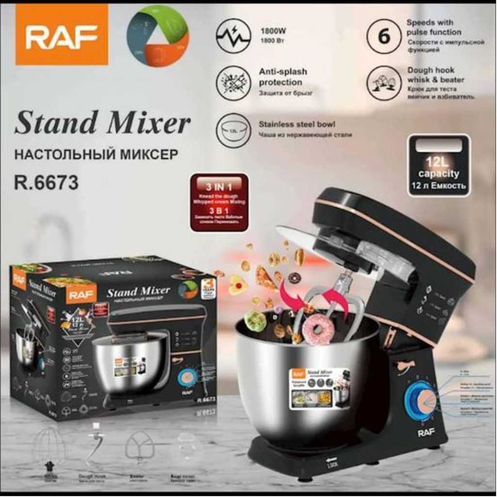 RAF 12 Litres Kitchen Electric Stand Mixer Tilt-Head Food Mixers Stainless Steel with Dough Hook Flat Beater Wire Whisk Splash Guard for Baking Electric Kitchen Mixers - Black