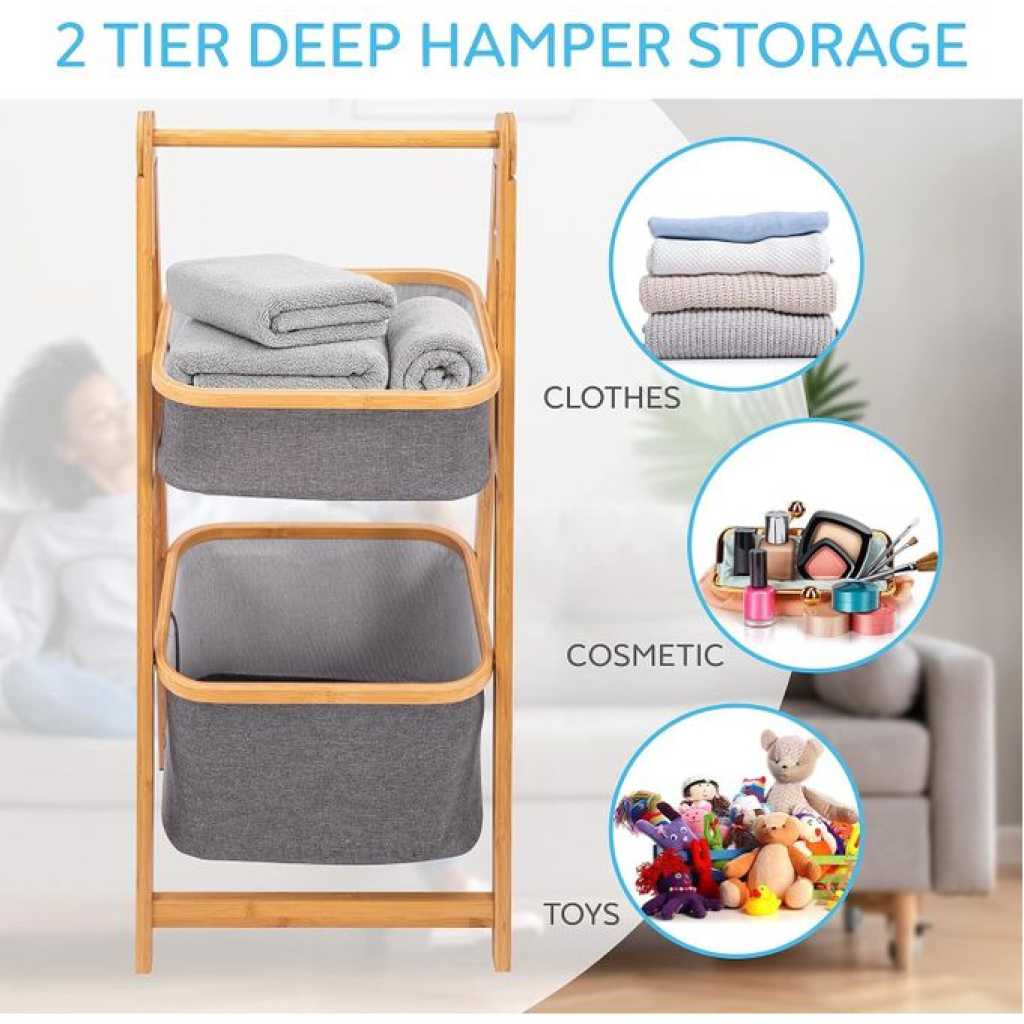 2 Tier Fold Out Floor Standing Bathroom Storage Tower Shelf Collapsible Hamper Shelves Bamboo Wooden Drawers Small Ladder Organizer Shelving Corner Stand Unit for Bedroom Laundry Room