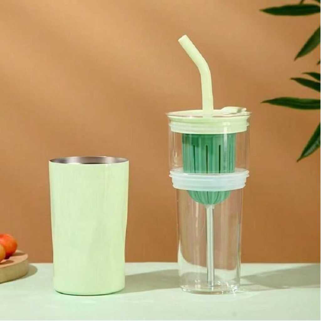 Multipurpose Cup With Glass Liner, Stainless Steel & Convenient Coffee Cup, Tea & Water Separating Straw Sleek Glass Cup