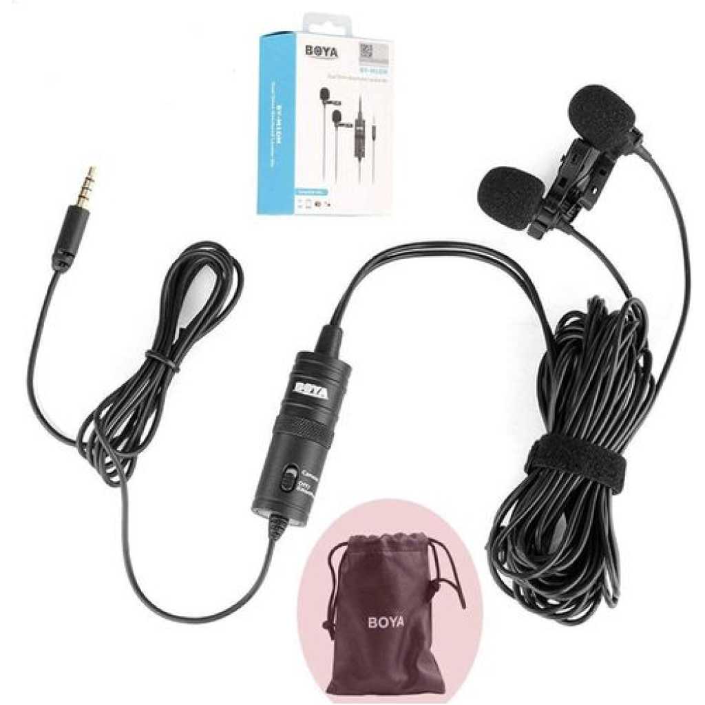 Boya BY-M1DM Plastic Microphone Dual Omni Directional Lavalier Mic With Two Small Clip And Two Foam Windscreen For Smart Phone - Black