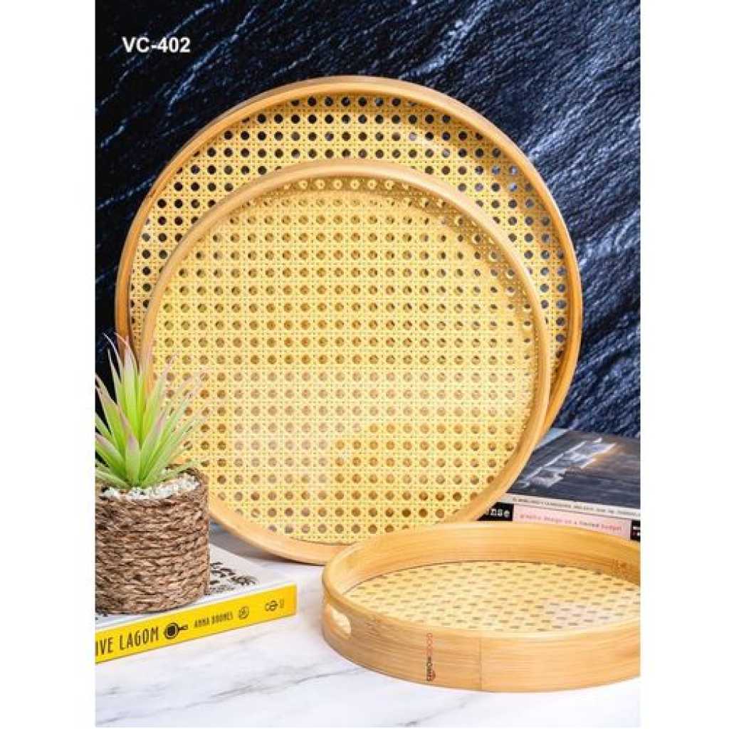 Bamboo Wooden Round Serving Tray Set of 3pcs- Cream