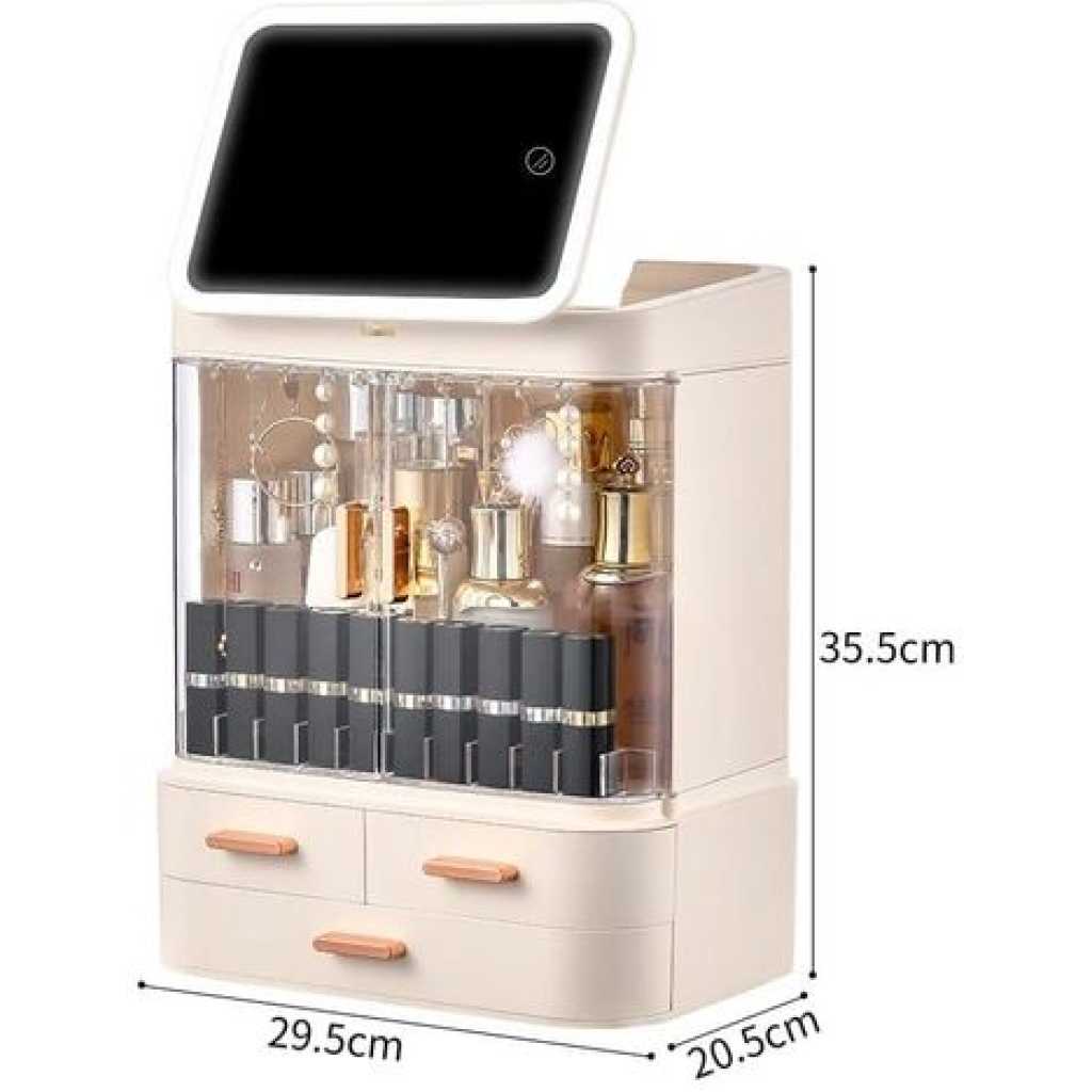 Dust-Proof Drawer Makeup Skincare Organizer Plastic Cosmetics Storage Cases With 3 Drawer Adjustable LED Mirror Makeup Organizer For Countertop Cosmetic Storage Box- Multicolor