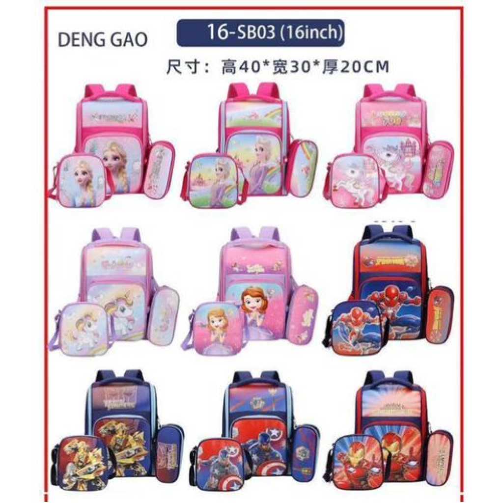 Happile Hard Shell Three Piece Schoolbag Backpack Consist of School Bag,Sling Bag and Pencil Pouch with Kids Favorite Character- Multicolor