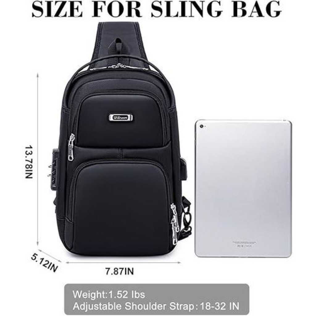 Anti Theft Bag For Men Women, Sling Bag, Man Bags For Men Cross Body, Casual One Shoulder Backpack With USB Charging Port For Travel, Hiking, Commute -Black