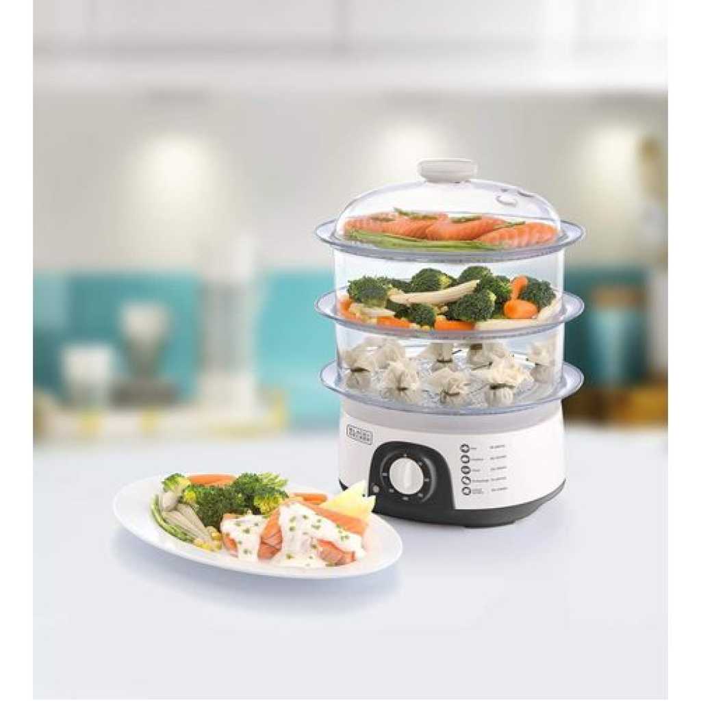 BLACK+DECKER 10L Vegetable Food Steamer 3-Tier Detachable With Timer and Dishwasher Safe, Makes Preparation Quick pot- Clear