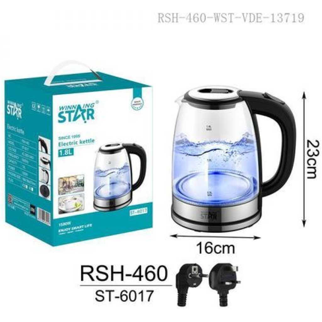 Winningstar 1.8L SS201 High Borosilicate Glass Electric Kettle with 0.4cm Heating Plate Boil/Dry Auto Power Off Protection 75cm Copper Charging Wire VDE Plug- Clear