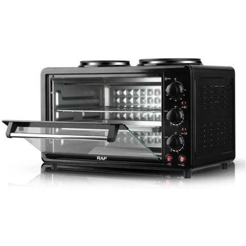 RAF 40 Litres Toaster Baking Electric Oven Grill With 2 Hot Plates With Heat Evenly Visual Glass Door Time Temperature Control Rotary Button- Black