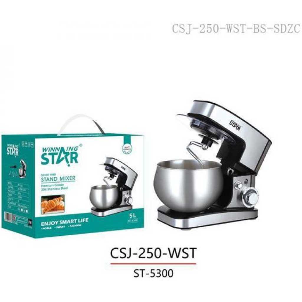 Winningstar Stand Mixer Cook Machine 5L with 304 Stainless Steel Bowl/Egg Beater Aluminium Dough Hook/Flat Agitator Spatula LED Indicator Light 4 Sucker Feet- Silver