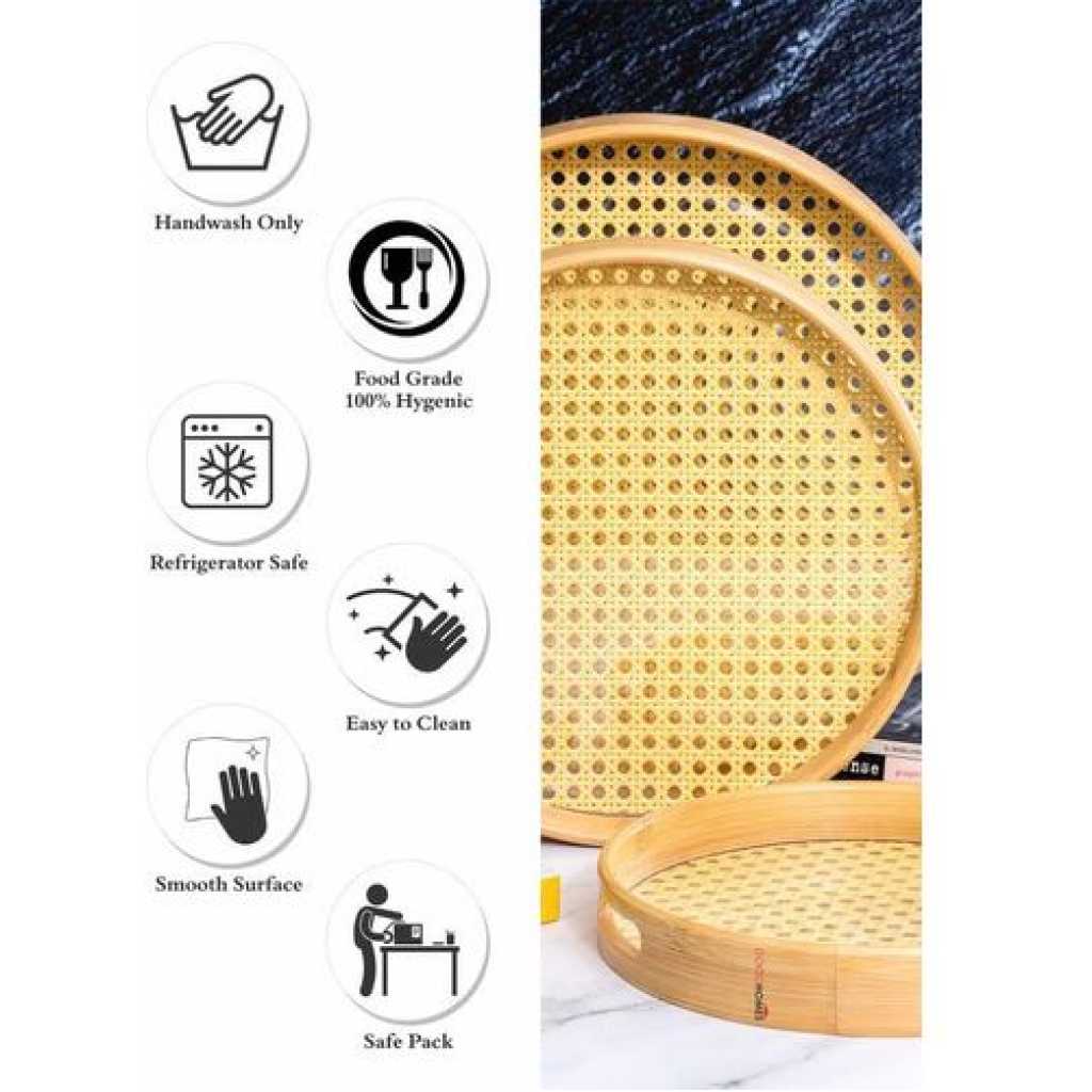 Bamboo Wooden Round Serving Tray Set of 3pcs- Cream