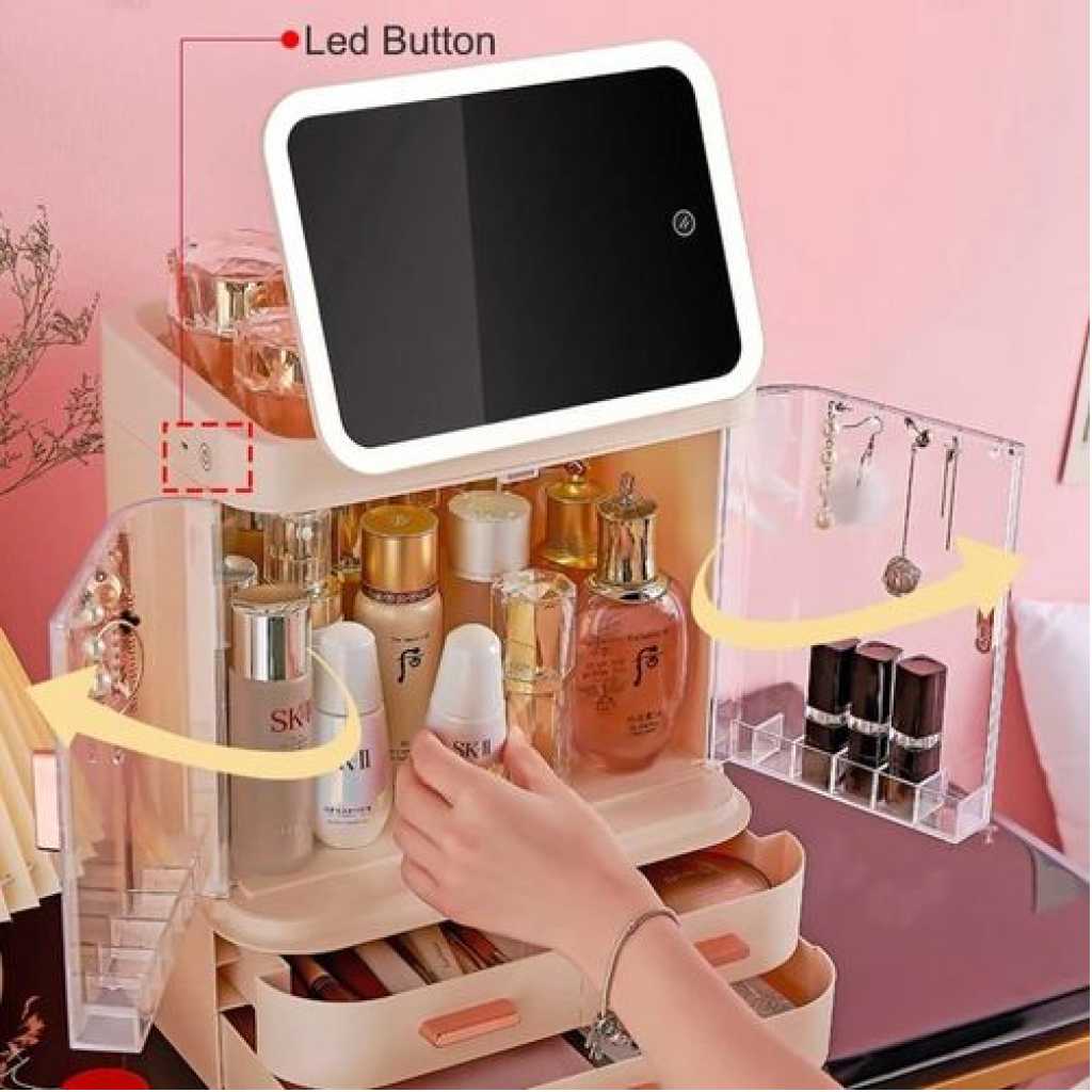 Dust-Proof Drawer Makeup Skincare Organizer Plastic Cosmetics Storage Cases With 3 Drawer Adjustable LED Mirror Makeup Organizer For Countertop Cosmetic Storage Box- Multicolor