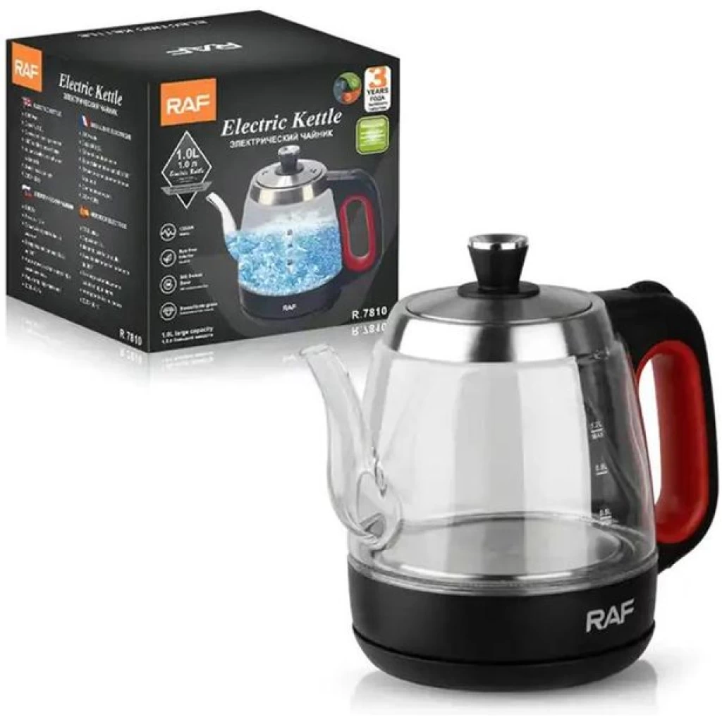 RAF 1.2L Electric Glass Kettle Heat Resistant Boiling Ceramic Glass Kettle Double Layer Protection Protative Glass Kettle 1350W- Multicolor