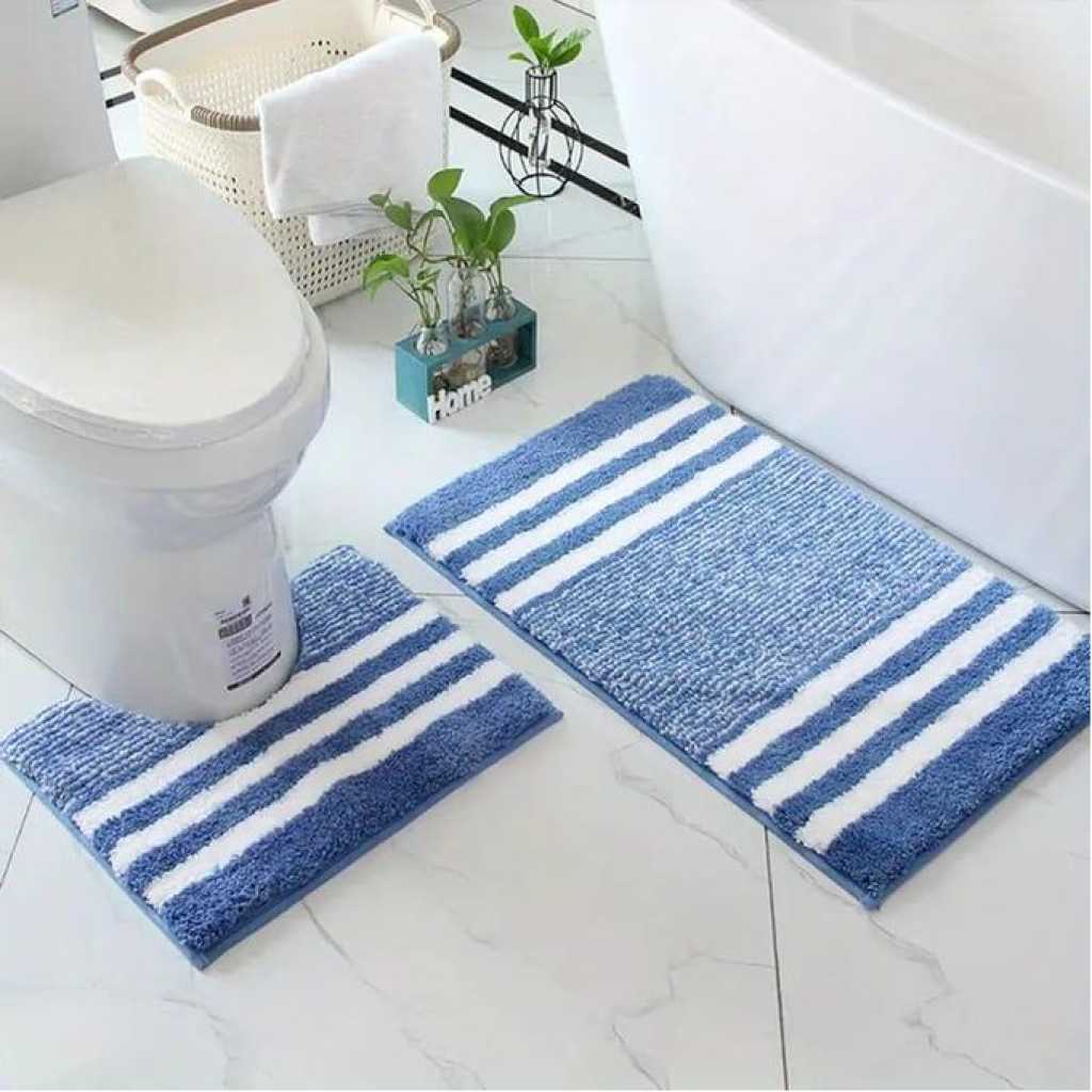 2 Pieces Of Microfiber Bathroom Mats Set, Striped Pattern Non-Slip Bathroom Rug U-Shape Toilet Mat Machine Washable Super Water Absorbent Bath Rug Door Mat, Bathroom Decor- Multicolor