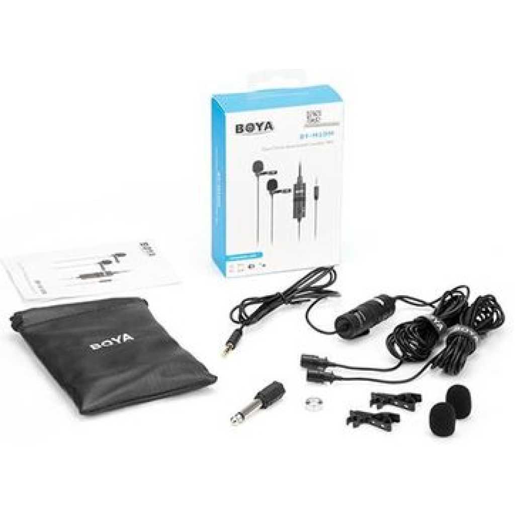 Boya BY-M1DM Plastic Microphone Dual Omni Directional Lavalier Mic With Two Small Clip And Two Foam Windscreen For Smart Phone - Black