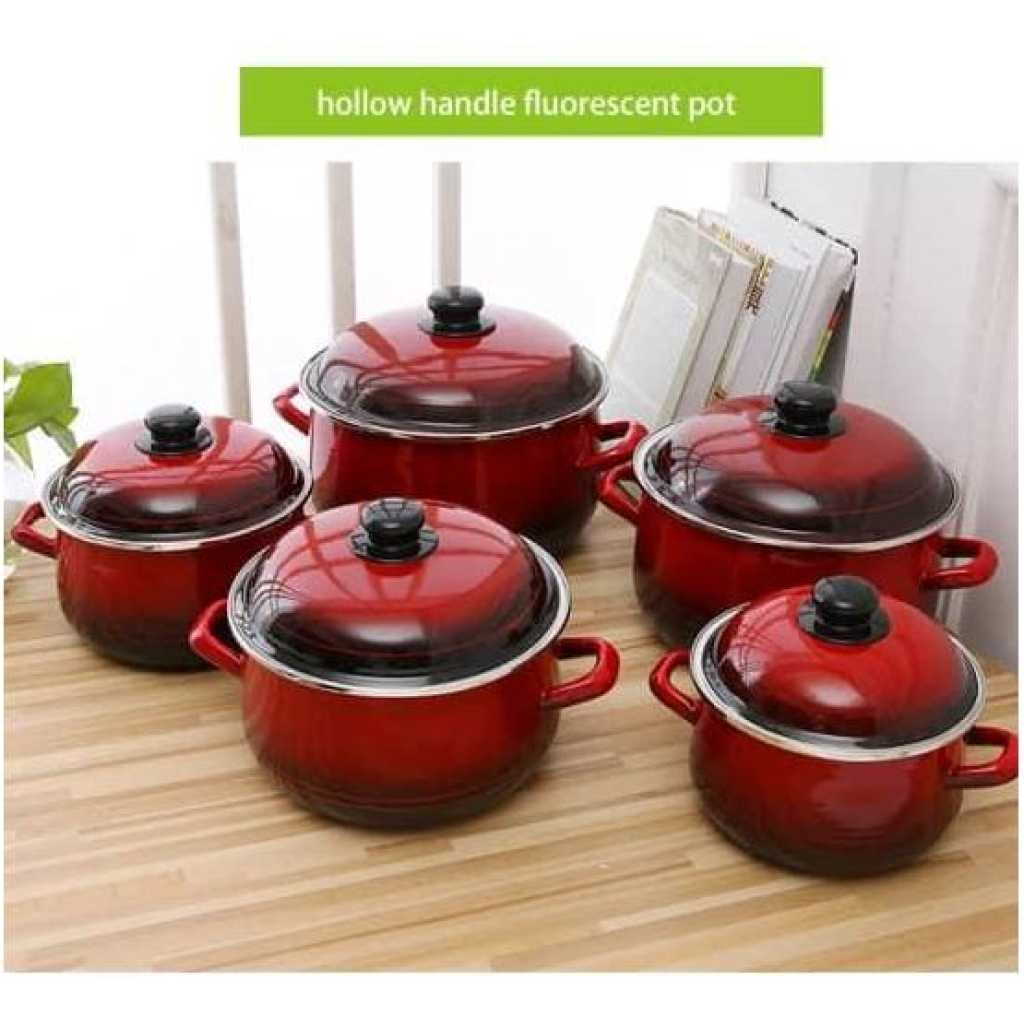 10 Piece Enamel Saucepans Cookware Set Suitable For Induction Coooker- Red/Black