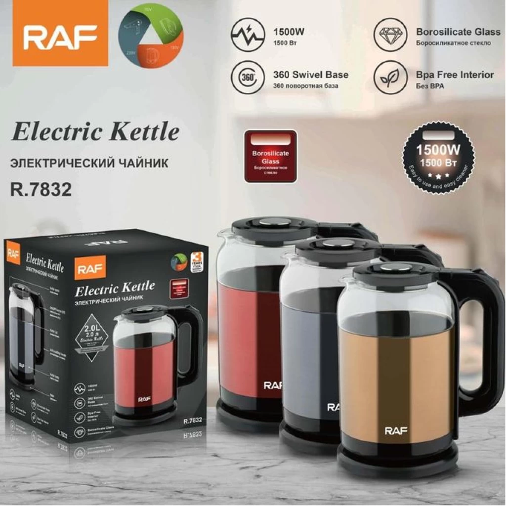 RAF 2 Litre Electric Glass Kettle Cordless with Blue LED Light, Borosilicate Glass, Auto Shut-Off and Boil-Dry Protection- Multicolor