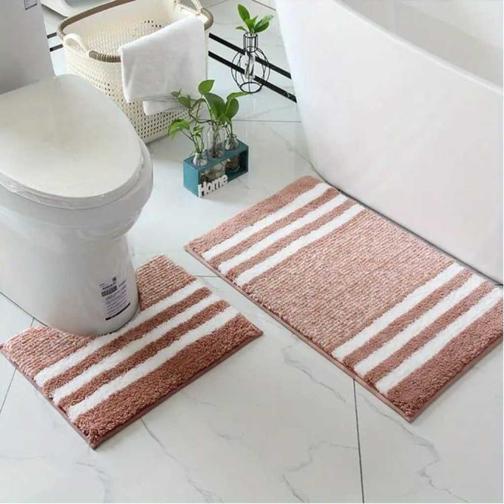 2 Pieces Of Microfiber Bathroom Mats Set, Striped Pattern Non-Slip Bathroom Rug U-Shape Toilet Mat Machine Washable Super Water Absorbent Bath Rug Door Mat, Bathroom Decor- Multicolor