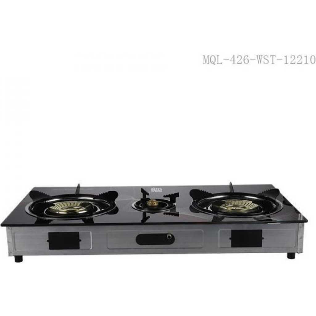 Winningstar Deluxe 3-Burner Glass Gas Stove with Electronic Ignition Split Furnace Frame VDE Plug- Black