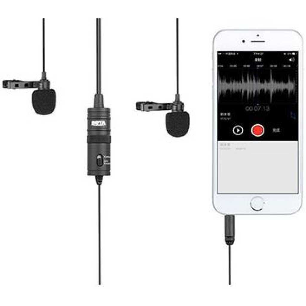 Boya BY-M1DM Plastic Microphone Dual Omni Directional Lavalier Mic With Two Small Clip And Two Foam Windscreen For Smart Phone - Black