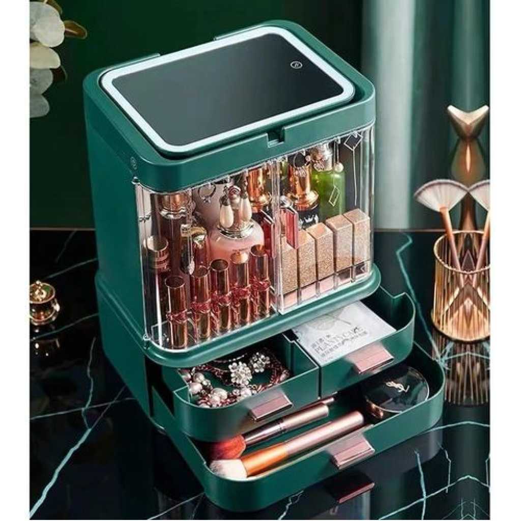 Dust-Proof Drawer Makeup Skincare Organizer Plastic Cosmetics Storage Cases With 3 Drawer Adjustable LED Mirror Makeup Organizer For Countertop Cosmetic Storage Box- Multicolor