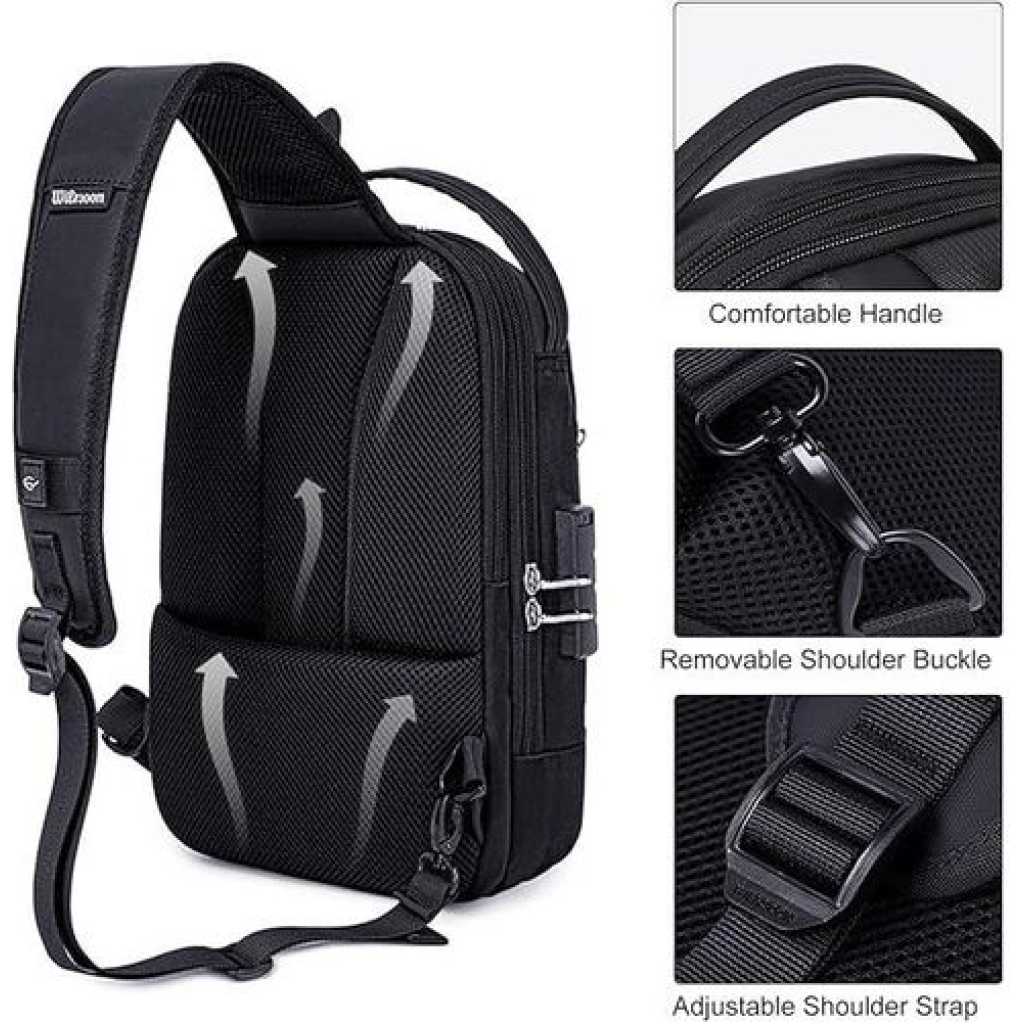 Anti Theft Bag For Men Women, Sling Bag, Man Bags For Men Cross Body, Casual One Shoulder Backpack With USB Charging Port For Travel, Hiking, Commute -Black