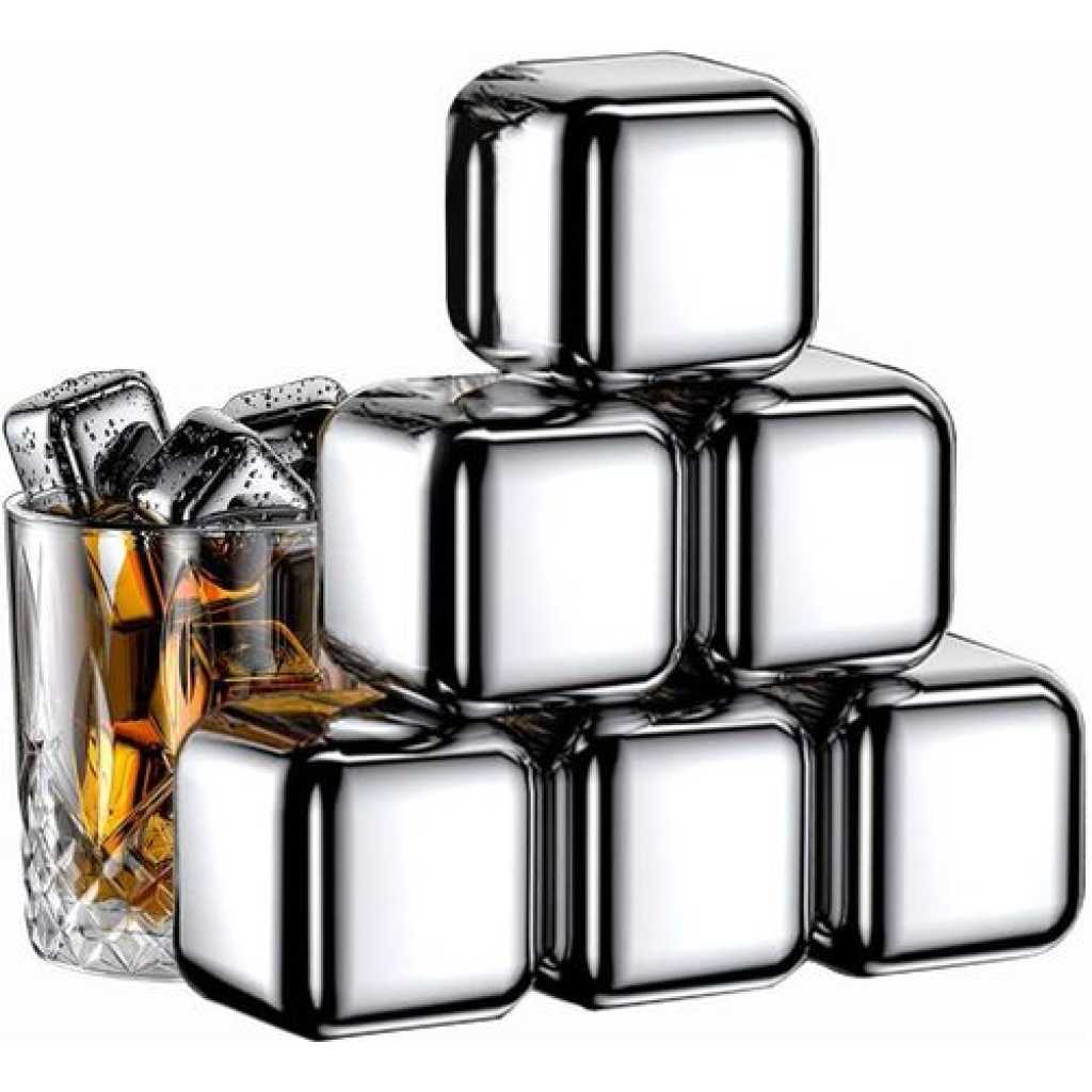 Stainless Steel Ice Cubes Chilling Cube Whiskey Stones Durable Reusable Chilling Stones for Whiskey Wine, Whiskey Stones for Kitchen Bar(Pack of 8) With A Tong- Silver