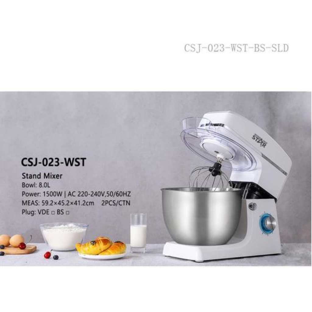 Winningstar 1500W 6 Speeds 8L Tilt-head Electric Stand Mixer Blender With Egg Beater Dough Hook Wire Whip- White