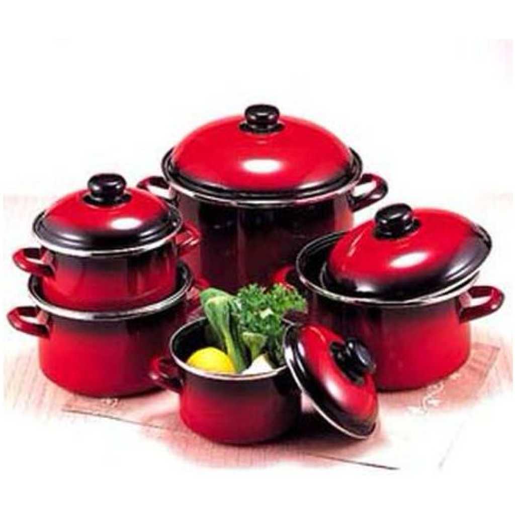 10 Piece Enamel Saucepans Cookware Set Suitable For Induction Coooker- Red/Black