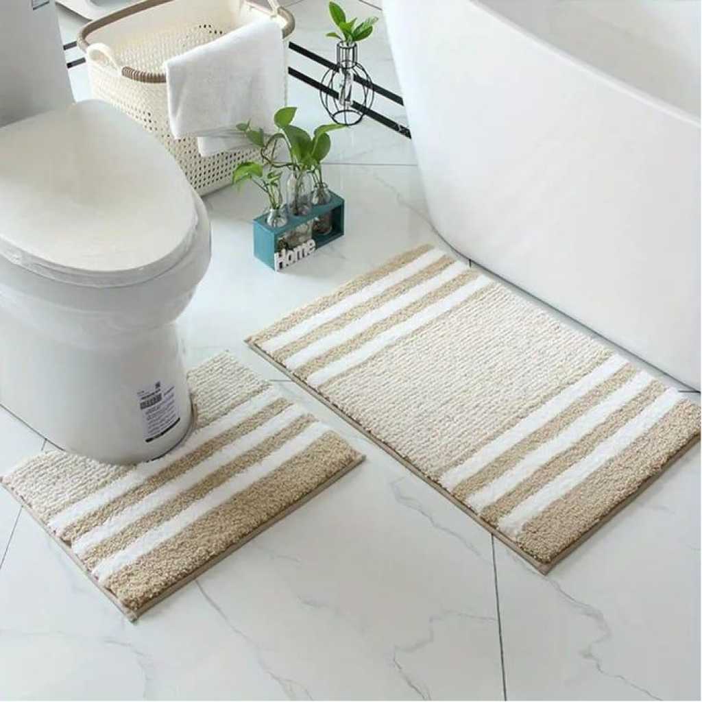 2 Pieces Of Microfiber Bathroom Mats Set, Striped Pattern Non-Slip Bathroom Rug U-Shape Toilet Mat Machine Washable Super Water Absorbent Bath Rug Door Mat, Bathroom Decor- Multicolor