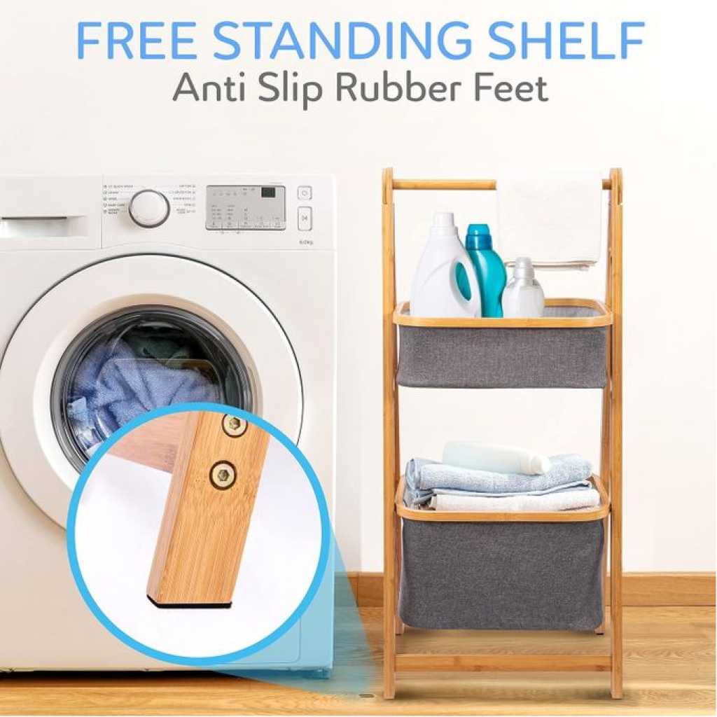 2 Tier Fold Out Floor Standing Bathroom Storage Tower Shelf Collapsible Hamper Shelves Bamboo Wooden Drawers Small Ladder Organizer Shelving Corner Stand Unit for Bedroom Laundry Room