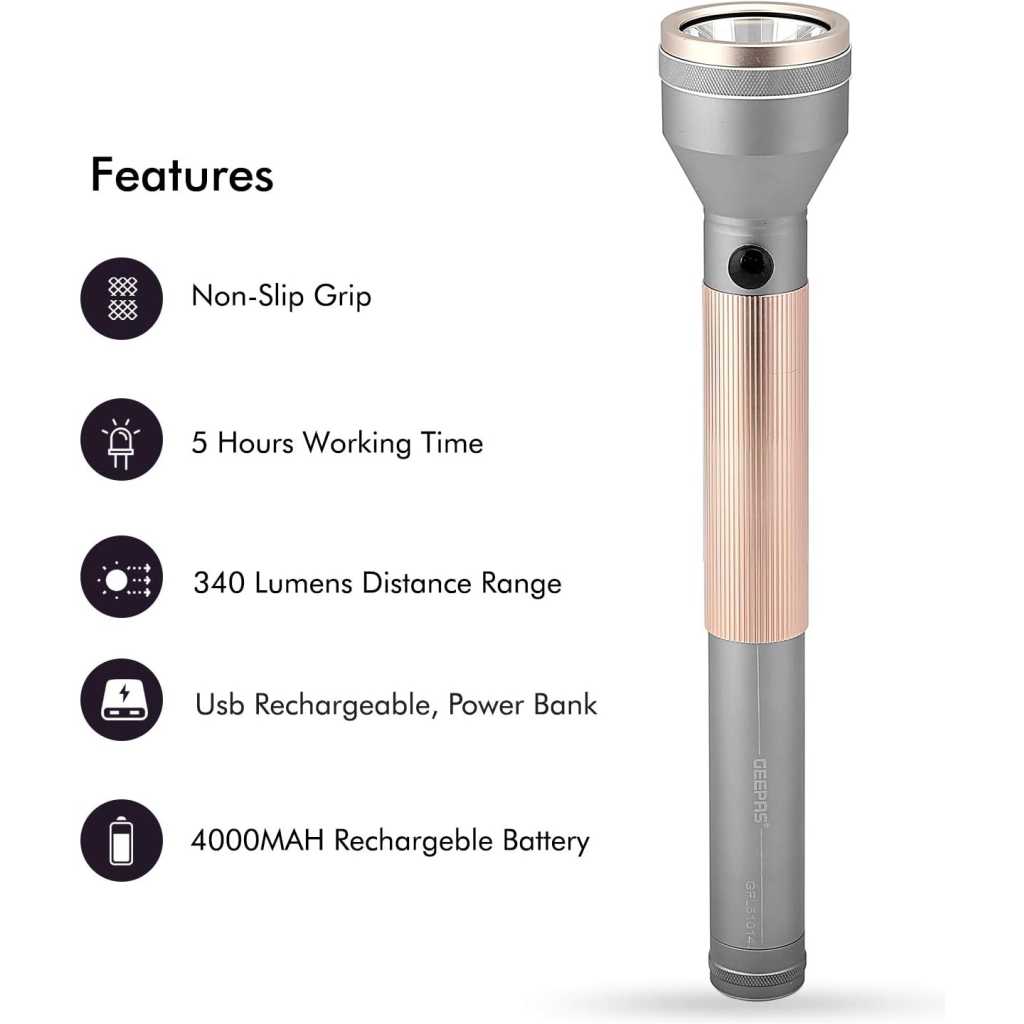 Geepas LED Flashlight with Power Bank, Torch, 4000mAh Battery, GFL51014 | Hyper Bright Light | Power Bank Ideal for Camping, Trekking & Outdoor Activities