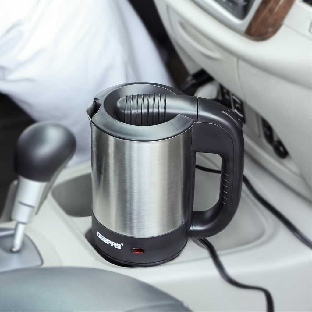 Geepas GK38041 12V Stainless steel Car Kettle - Water Heater for Caravans- 500ml- Stainless-Steel Electric Car Kettle with Cigarette Lighter Charger | Quick Hot Water, Coffee, Tea