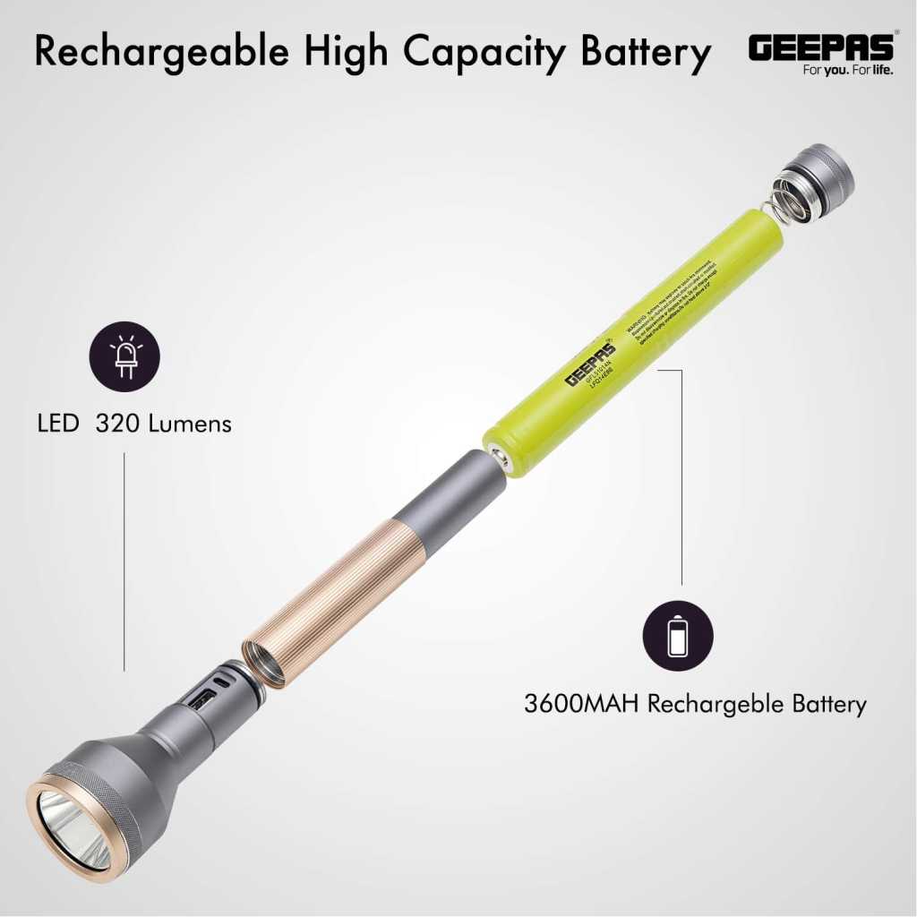 Geepas LED Flashlight with Power Bank, Torch, 4000mAh Battery, GFL51014 | Hyper Bright Light | Power Bank Ideal for Camping, Trekking & Outdoor Activities