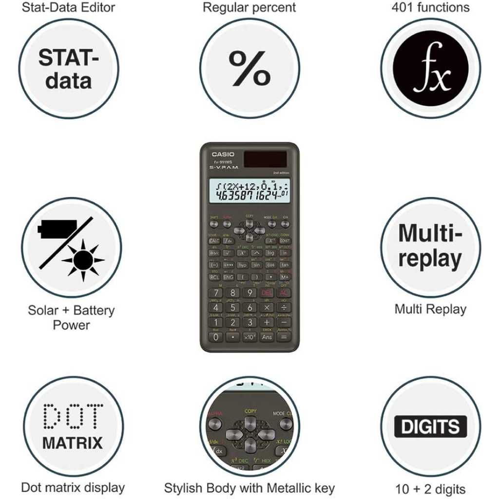 Casio FX-991MS 2nd Gen Original Non-Programmable Scientific Calculator, 401 Functions and 2-line Display, Black